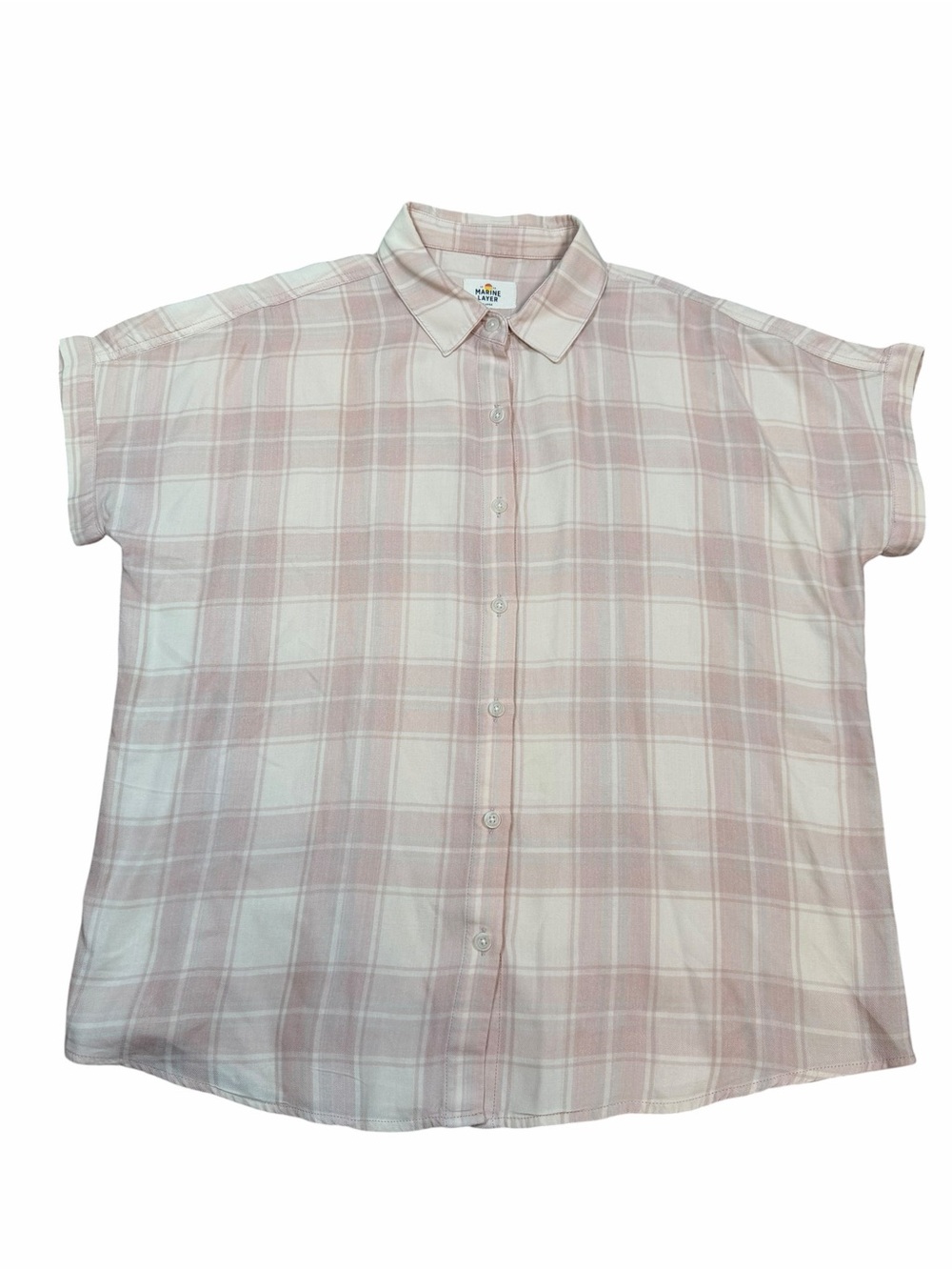 Marine Layer Pink Plaid Short Sleeve Button Up Shirt Coastal Grandmother Size L